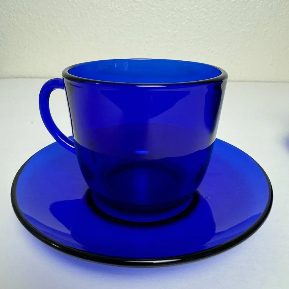Set of 2 Vintage Cobalt Blue Cup and saucer Glass